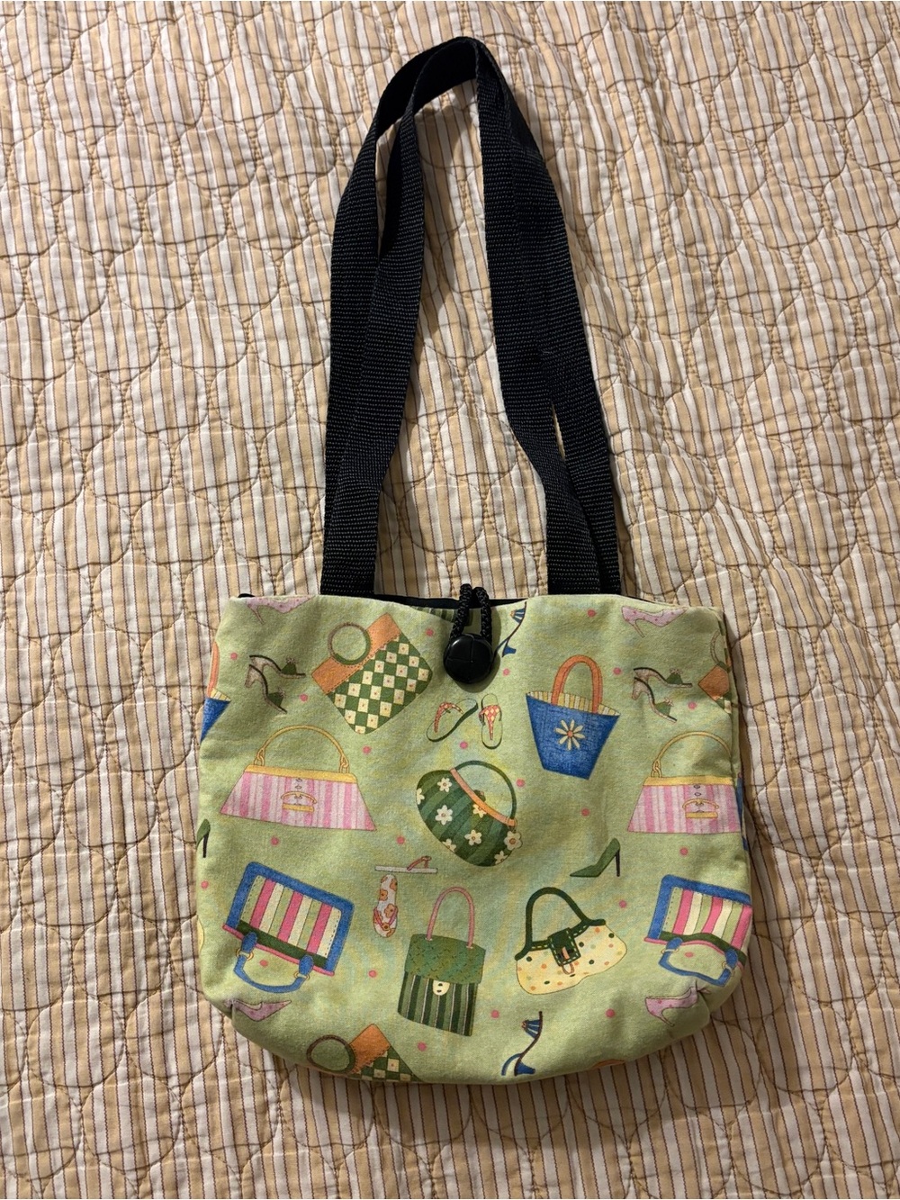 Adorable Handmade Green Tote Bag with Black Straps and Patterned Purse Print